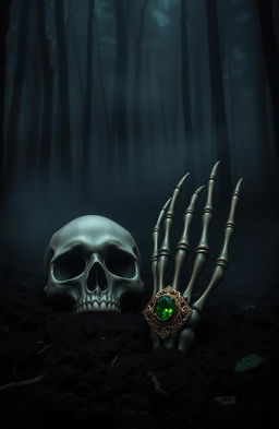 A dark and eerie forest setting with a black, misty background