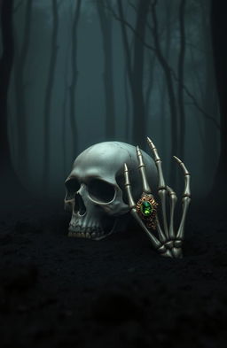 A dark and eerie forest setting with a black, misty background