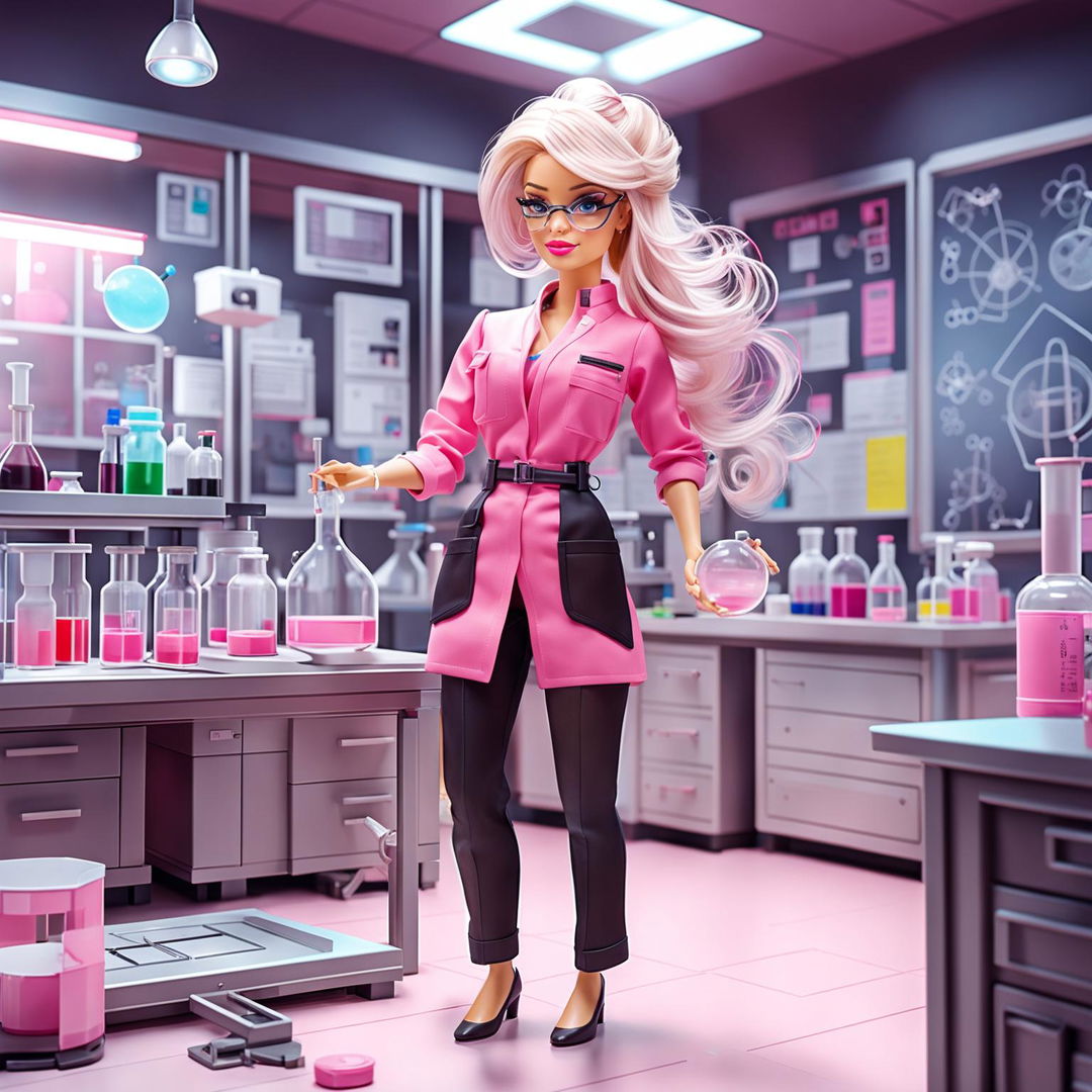 Barbie in a pink scientist outfit conducting experiments in a modern laboratory.