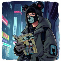 A doomer character dressed in stylish bear-themed gear, blending urban streetwear with elements of bear culture