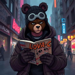 A doomer character dressed in stylish bear-themed gear, blending urban streetwear with elements of bear culture