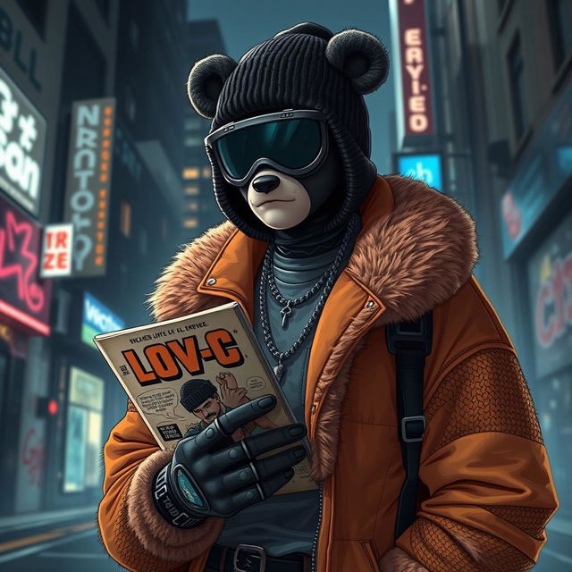 A doomer character dressed in stylish bear-themed gear, blending urban streetwear with elements of bear culture