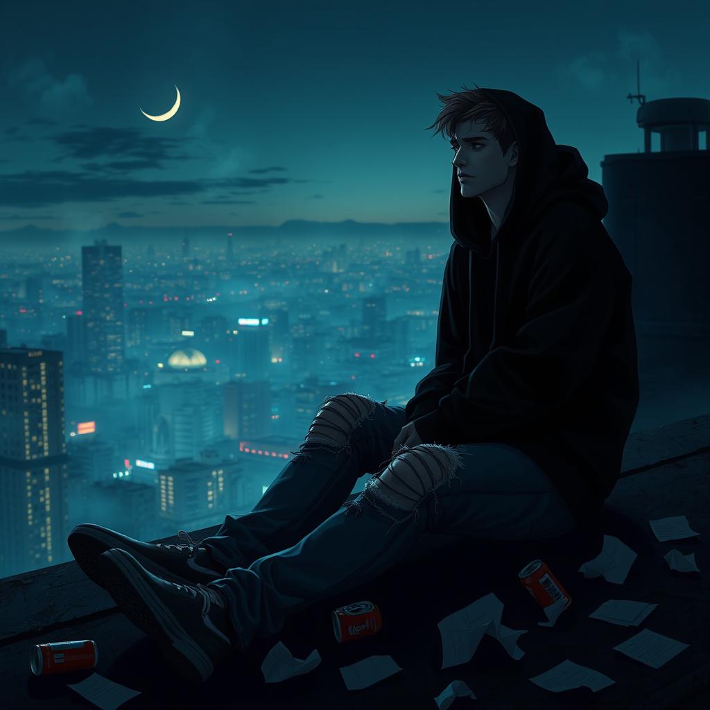 A dark and moody scene featuring a 'doomer' character, a young adult with a melancholic expression, wearing a black hoodie and ripped jeans, sitting on a dimly lit urban rooftop at dusk