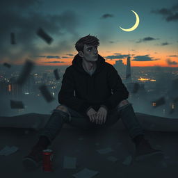 A dark and moody scene featuring a 'doomer' character, a young adult with a melancholic expression, wearing a black hoodie and ripped jeans, sitting on a dimly lit urban rooftop at dusk