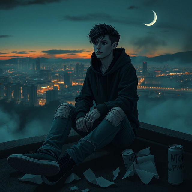 A dark and moody scene featuring a 'doomer' character, a young adult with a melancholic expression, wearing a black hoodie and ripped jeans, sitting on a dimly lit urban rooftop at dusk