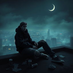A dark and moody scene featuring a 'doomer' character, a young adult with a melancholic expression, wearing a black hoodie and ripped jeans, sitting on a dimly lit urban rooftop at dusk