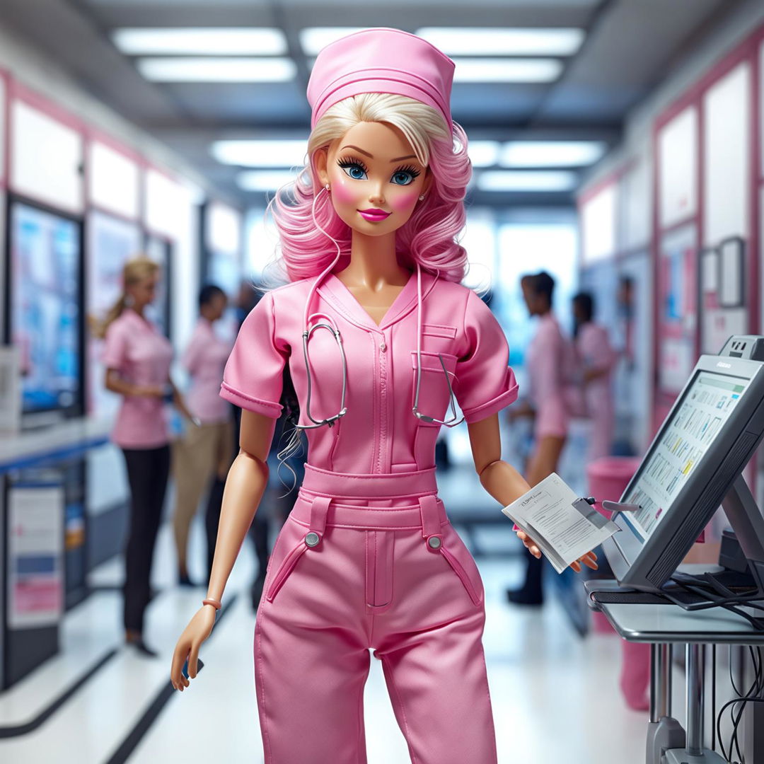 Barbie in a pink nurse outfit caring for patients in a modern hospital.