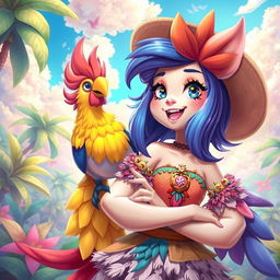 A whimsical and fantastical scene featuring an anthropomorphic girl with a playful and confident expression, possessing a vibrant cockatoo-like cock