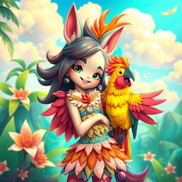 A whimsical and fantastical scene featuring an anthropomorphic girl with a playful and confident expression, possessing a vibrant cockatoo-like cock