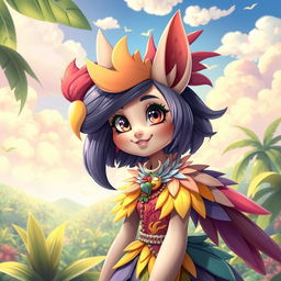 A whimsical and fantastical scene featuring an anthropomorphic girl with a playful and confident expression, possessing a vibrant cockatoo-like cock