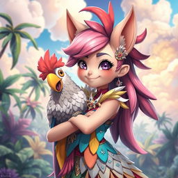 A whimsical and fantastical scene featuring an anthropomorphic girl with a playful and confident expression, possessing a vibrant cockatoo-like cock