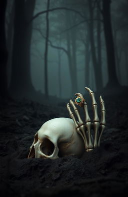 A realistic depiction of a dark forest with a foggy atmosphere