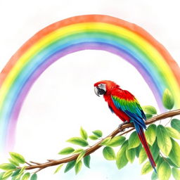 A beautiful watercolor illustration depicting a vibrant rainbow arching gracefully over a lush tree branch, on which two colorful macaws are perched