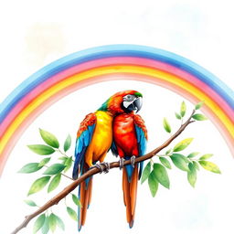 A beautiful watercolor illustration depicting a vibrant rainbow arching gracefully over a lush tree branch, on which two colorful macaws are perched