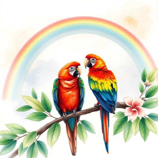 A beautiful watercolor illustration depicting a vibrant rainbow arching gracefully over a lush tree branch, on which two colorful macaws are perched