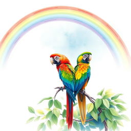 A beautiful watercolor illustration depicting a vibrant rainbow arching gracefully over a lush tree branch, on which two colorful macaws are perched