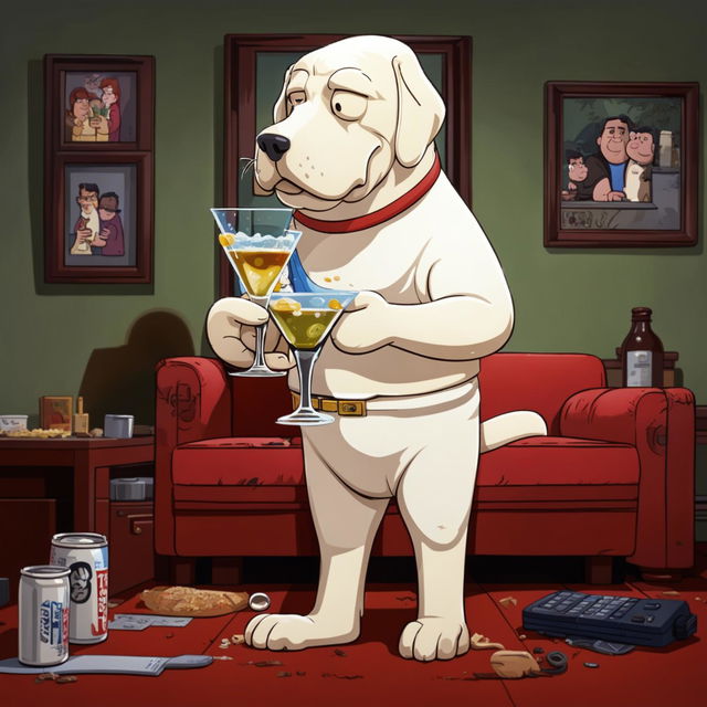 Family Guy's Brian the dog standing upright with a martini in hand in the Griffin family living room.