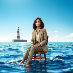 A realistic portrayal of a female journalist sitting on a wooden chair in the middle of a vast ocean, with gentle waves lapping around her