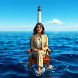 A realistic portrayal of a female journalist sitting on a wooden chair in the middle of a vast ocean, with gentle waves lapping around her