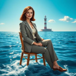 A realistic portrayal of a female journalist sitting on a wooden chair in the middle of a vast ocean, with gentle waves lapping around her