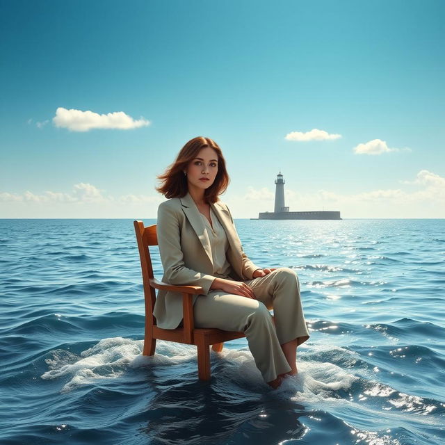 A realistic portrayal of a female journalist sitting on a wooden chair in the middle of a vast ocean, with gentle waves lapping around her