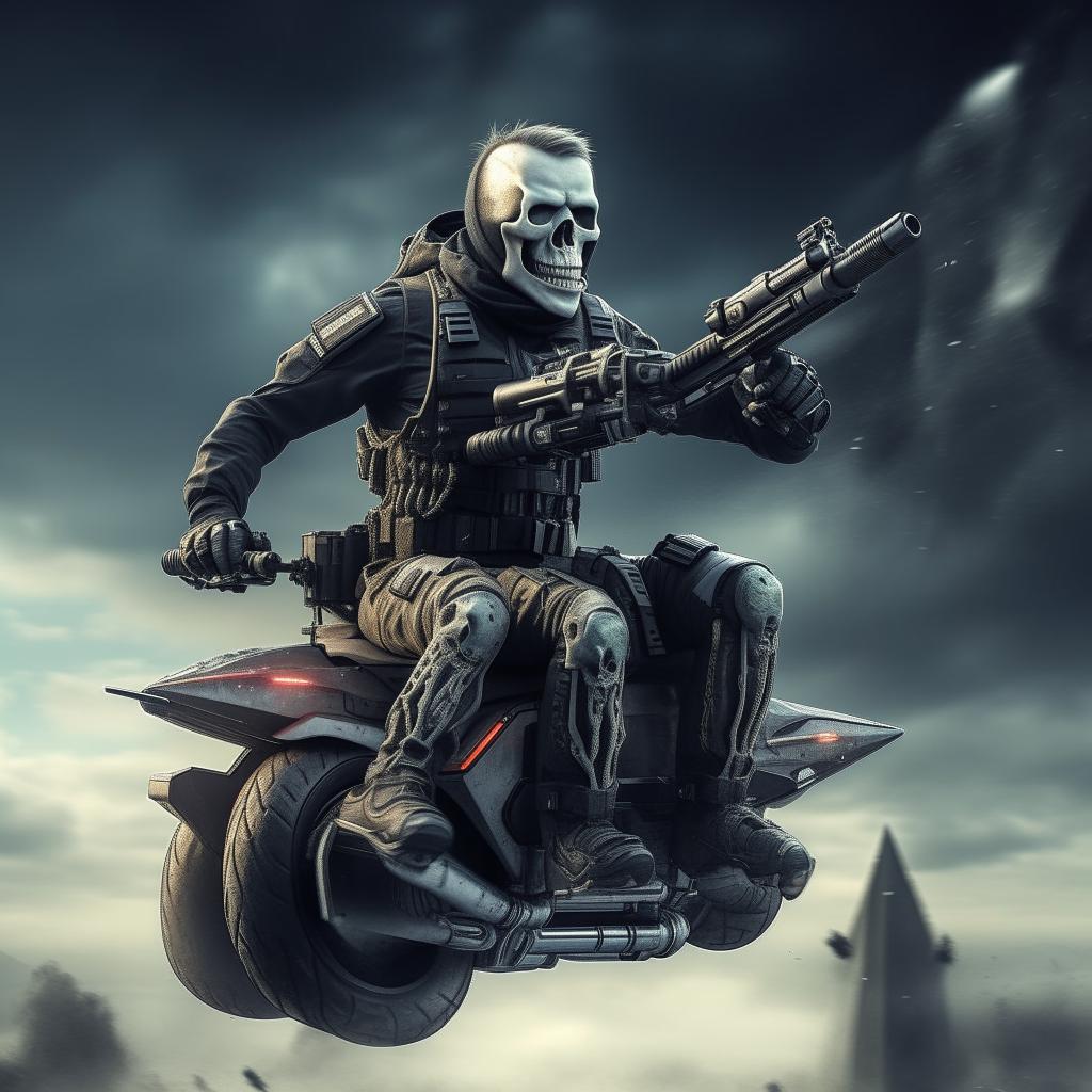 A rifle-armed kidnapper wearing a skeleton face mask and a normal bullet-proof vest, soaring in the sky on a futuristic hover-bike.