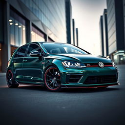 A striking dark green MK7 VW Golf R equipped with an eye-catching body kit, emphasizing its sporty and dynamic aesthetic