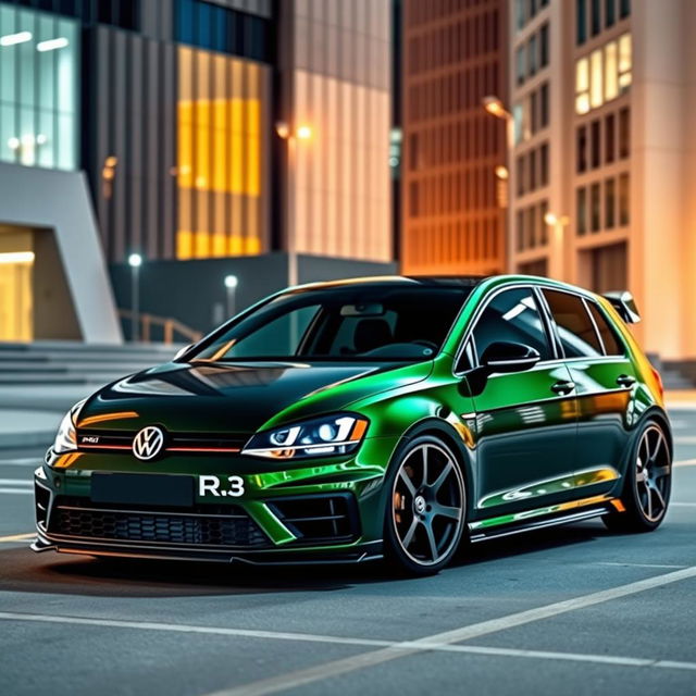 A striking dark green MK7 VW Golf R equipped with an eye-catching body kit, emphasizing its sporty and dynamic aesthetic