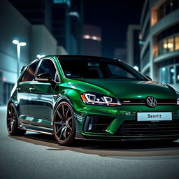A striking dark green MK7 VW Golf R equipped with an eye-catching body kit, emphasizing its sporty and dynamic aesthetic