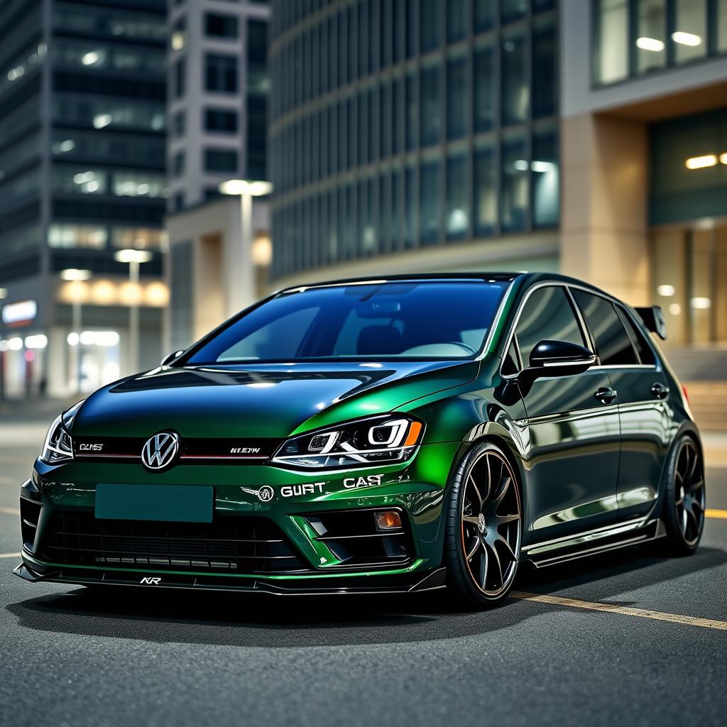 A striking dark green MK7 VW Golf R equipped with an eye-catching body kit, emphasizing its sporty and dynamic aesthetic