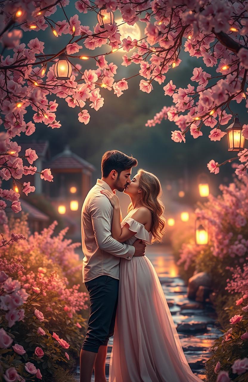 A dreamy romantic scene depicting a couple in a tranquil garden, surrounded by blooming flowers and soft, glowing lights