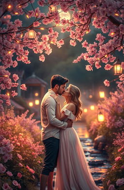 A dreamy romantic scene depicting a couple in a tranquil garden, surrounded by blooming flowers and soft, glowing lights