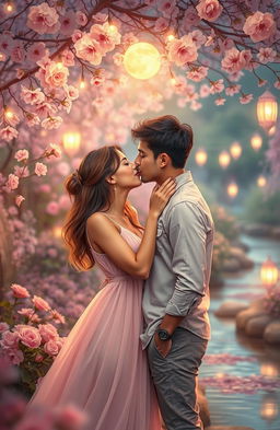 A dreamy romantic scene depicting a couple in a tranquil garden, surrounded by blooming flowers and soft, glowing lights