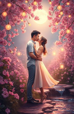 A dreamy romantic scene depicting a couple in a tranquil garden, surrounded by blooming flowers and soft, glowing lights
