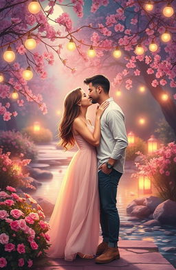 A dreamy romantic scene depicting a couple in a tranquil garden, surrounded by blooming flowers and soft, glowing lights
