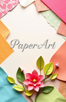 A stunning cover design for a paper art sample book, featuring an intricate collage of various types of paper textures and colors