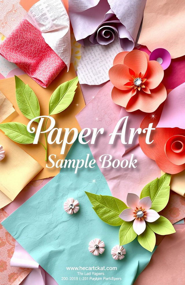 A stunning cover design for a paper art sample book, featuring an intricate collage of various types of paper textures and colors