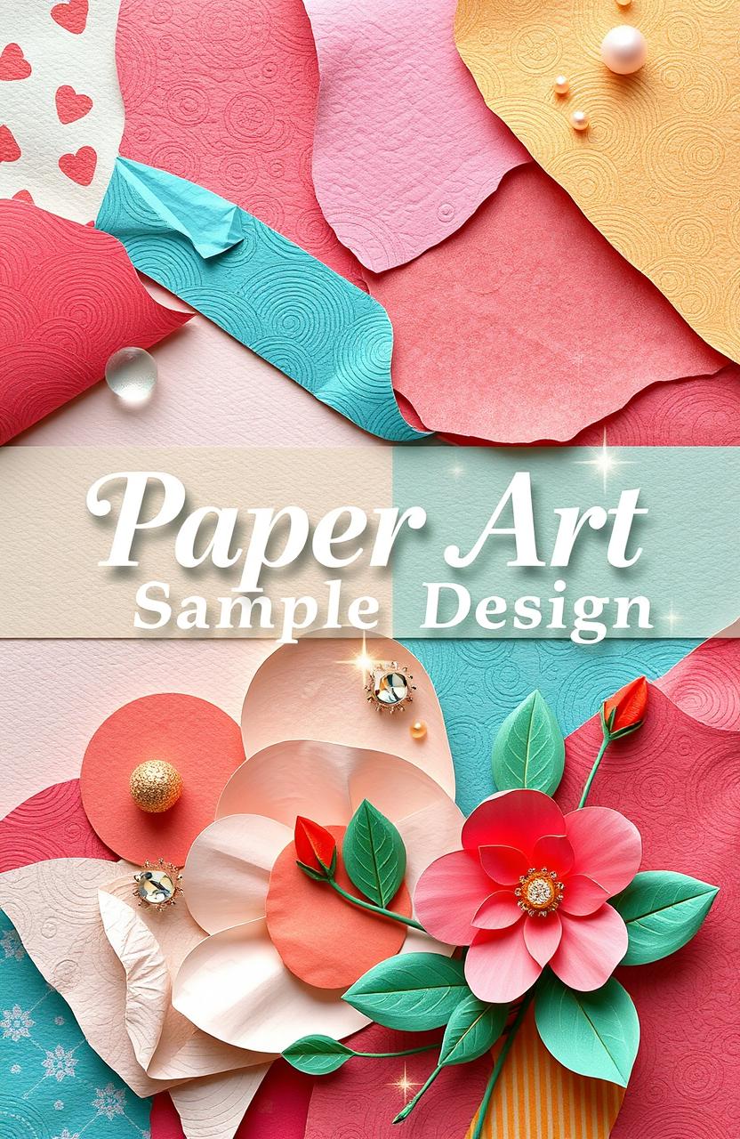 A stunning cover design for a paper art sample book, featuring an intricate collage of various types of paper textures and colors