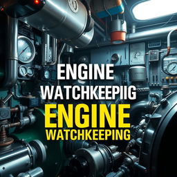 A captivating cover page design for a book on Engine Watchkeeping, featuring a high-resolution photographic quality image