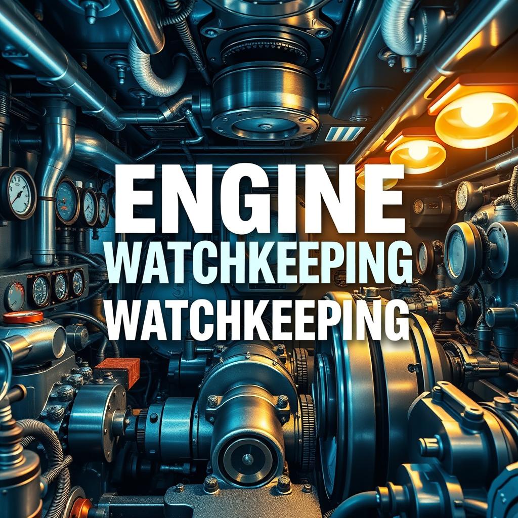 A captivating cover page design for a book on Engine Watchkeeping, featuring a high-resolution photographic quality image