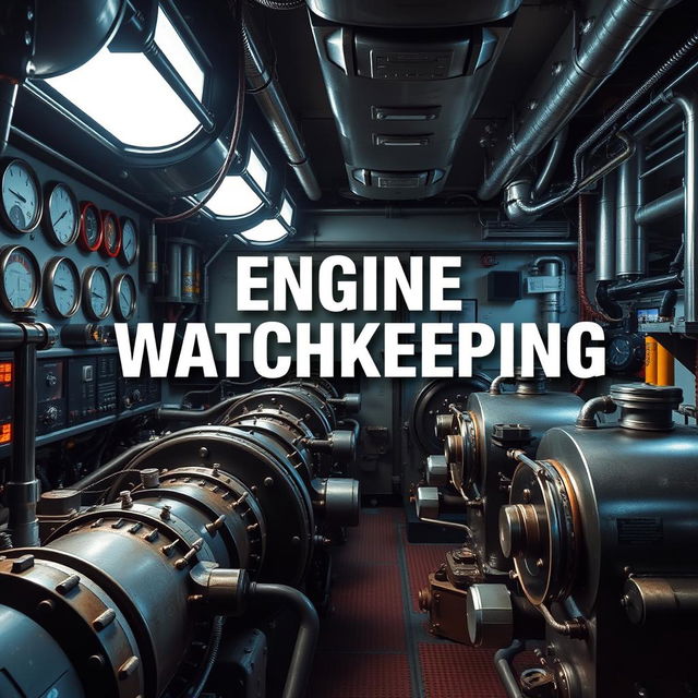 A captivating cover page design for a book on Engine Watchkeeping, featuring a high-resolution photographic quality image