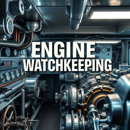 A captivating cover page design for a book on Engine Watchkeeping, featuring a high-resolution photographic quality image