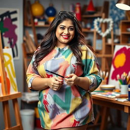 A sexy chubby woman resembling Kajal Aggarwal, playfully engaged in a creative activity of painting