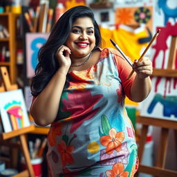 A sexy chubby woman resembling Kajal Aggarwal, playfully engaged in a creative activity of painting