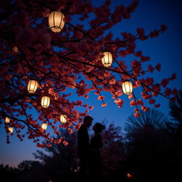 A serene scene featuring silhouetted figures of a man and a woman holding hands beneath blooming cherry blossom trees