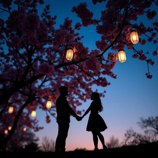 A serene scene featuring silhouetted figures of a man and a woman holding hands beneath blooming cherry blossom trees