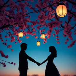 A serene scene featuring silhouetted figures of a man and a woman holding hands beneath blooming cherry blossom trees
