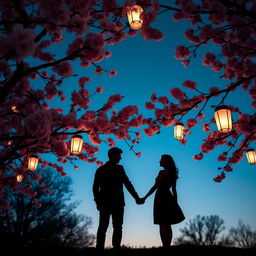 A serene scene featuring silhouetted figures of a man and a woman holding hands beneath blooming cherry blossom trees