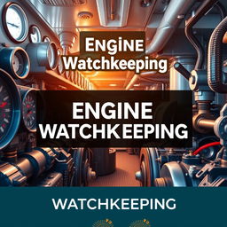 An eye-catching cover page design for a book on Engine Watchkeeping, featuring a vivid and realistic photographic quality image of an actual ship's engine room