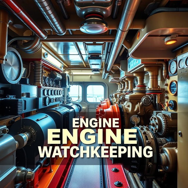 An eye-catching cover page design for a book on Engine Watchkeeping, featuring a vivid and realistic photographic quality image of an actual ship's engine room